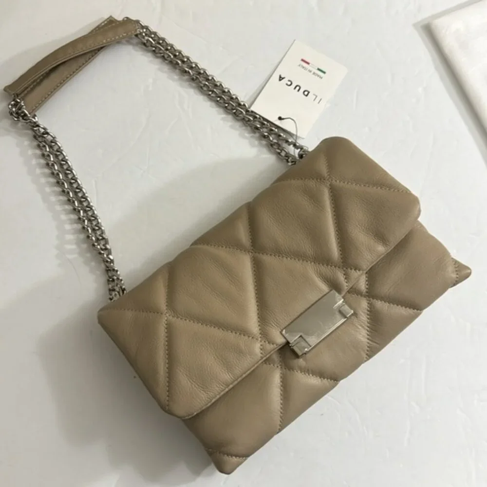 Il Duca Itlay Genuine Leather Quilted Convert Flap Handbag Taupe